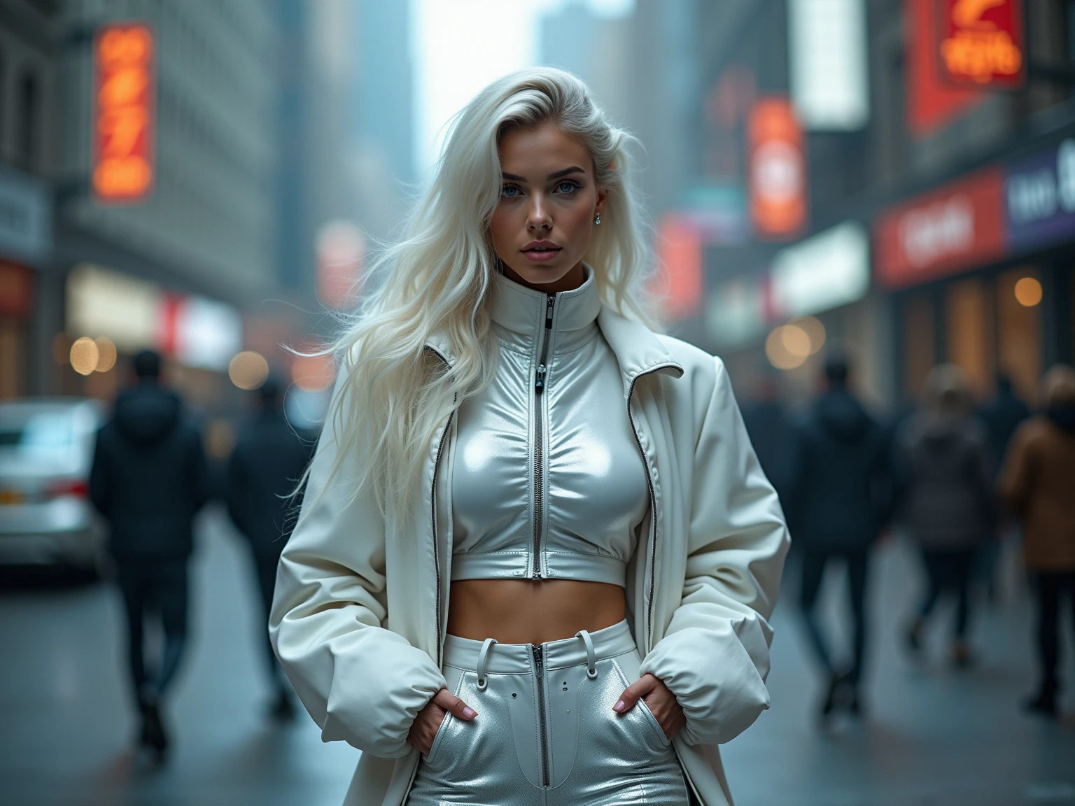 Daylight Photography, photo realism , emmanorts as solo 1girl top model, in city atmosphere, good lighting, torso shot, winter silver jacket, hat, focus on face, Focus light and create sharp, defined edges, background is a city scene, bokeh, highly detailed, Fujifilm XT-4