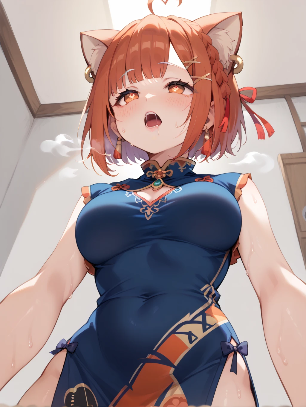 master-piece, bestquality, 1girls,16 years old, View viewers from the up, sit down, leaning forward, horny, HD, slight smile, big tits, cleavage, short orange hair, tights cloth, chinese dress, heart shape pupille, horns, tiny body, wear glasses,