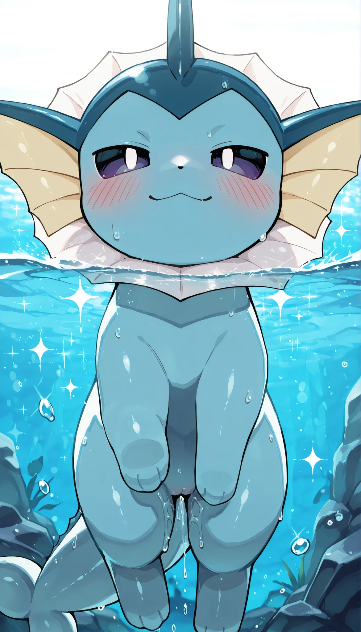 vaporeon,pokemon,(young :1.4),best quality,best resolution,looking at viewer,blush,beautiful sea,soak,sparkle water,sweating,heavy breath,body submerged,smile,close up,swimming,all four,horny expression,plenty pussy juice,half eyes