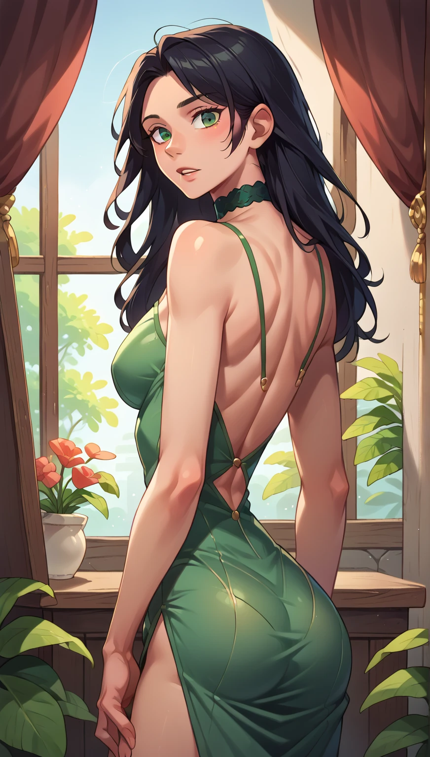 (masterpiece, Best quality, a high resolution, ultra detailed),(beautiful and aesthetically pleasing:1.2), 1 woman, adult woman, black wavy hair, green eyes, tall long tail, Lethargic, gentle face,(slight smile:0.8) detailed eyes and face, perfect body, bare neck, Silk camisole, with lace trim, Pettipants, boudoir, looking over your shoulder, back focus, back to camera, Early pregnancy