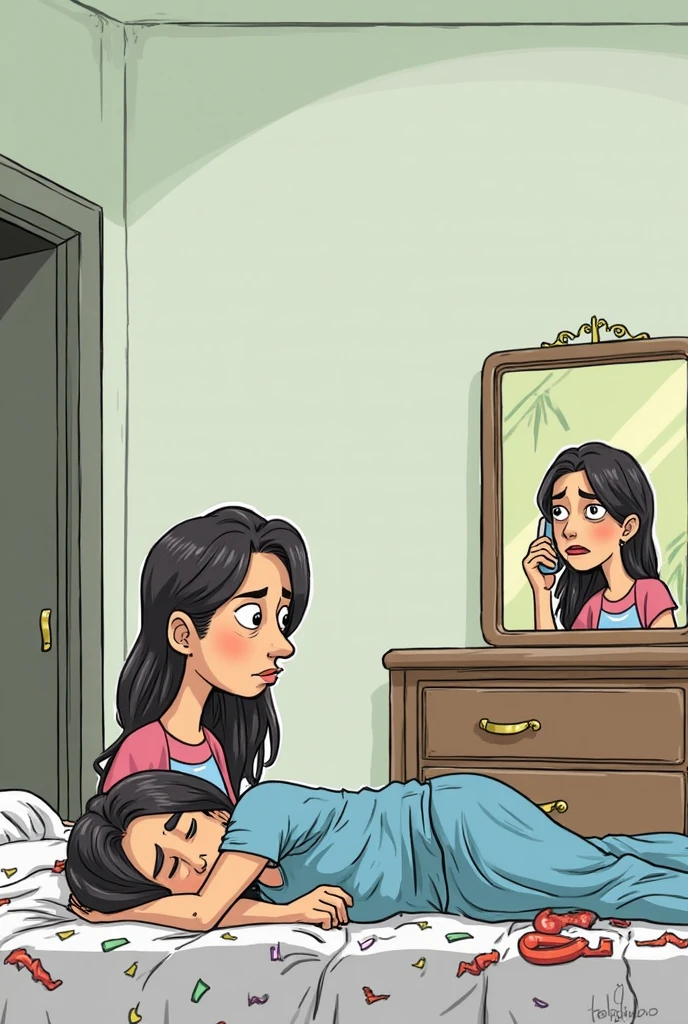 Sunaina seeing the ghostly image of the old woman in the mirror again, but this time, the old woman is holding a photograph of Kittu(4 year girl) lying in bed with the green shadow hovering over her.