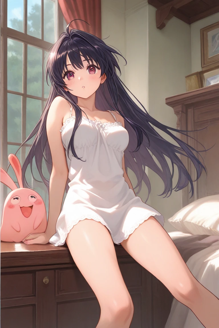 score_9, score_8_up, score_7_up, source_anime,
kurumitokisaki, kurumi tokisaki, long hair, black hair, red eyes, long hair, smile,
yellow eyes, heterochromia, white dress, lift dress, white veil, white briefs, wedding crown, twintails, low twintails,
indoors, on the bed, blush,
looking at viewer, side lying,
white sling stockings,