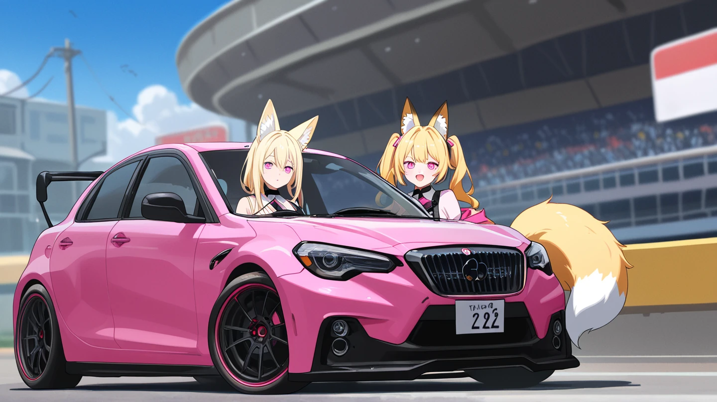 masterpiece, best quality, (colorful), (delicate eyes and face), volumetric light, ray tracing, power_crashes_kobeni's_car_(meme), <lora:kobeni_car_meme_test_C3_prodigy5:1>, <lora:FUWAMOCO:0.9>, (2girls:1.2), fuwamoco , animal ears, hair ornament , blue eyes, blonde hair, hairband, hairclip, collar, jacket , steering wheel, car, front view, looking at viewer, (scared:1.1), city, street