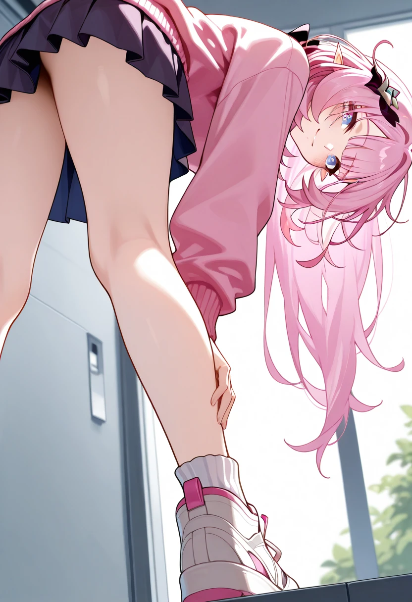 She has lifted her skirt to reveal her pale pink underwear.、