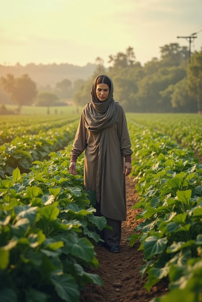 A woman in a grey headscarf is kneeling on a bed of green beans, holding a basket of green beans in her lap. She is looking at the camera with a serious expression. In the background, a mosque made of green beans is being built. The mosque is very detailed and has many minarets and domes. The woman is dwarfed by