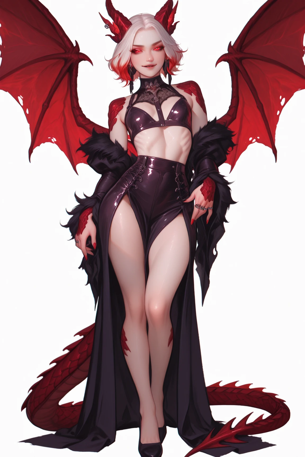 girl,Vampire Succubus,noble,Long legs,Red Purple Claw,The thin horns on the forehead,Slender red high heels,Red snake eyes,Pointed ears,Plump breasts,Solitary,Black long hair,Waist-length hair,Black and red long dress(Dark),Vampire Fangs,Seductive and charming face,Dark Bloodthirst,catwalk,Slender bat wings on the back,Open your mouth,Elegant,Keep,Inside the Palace,Succubus pattern on forehead,Malicious laughter,Black purple slender succubus tail