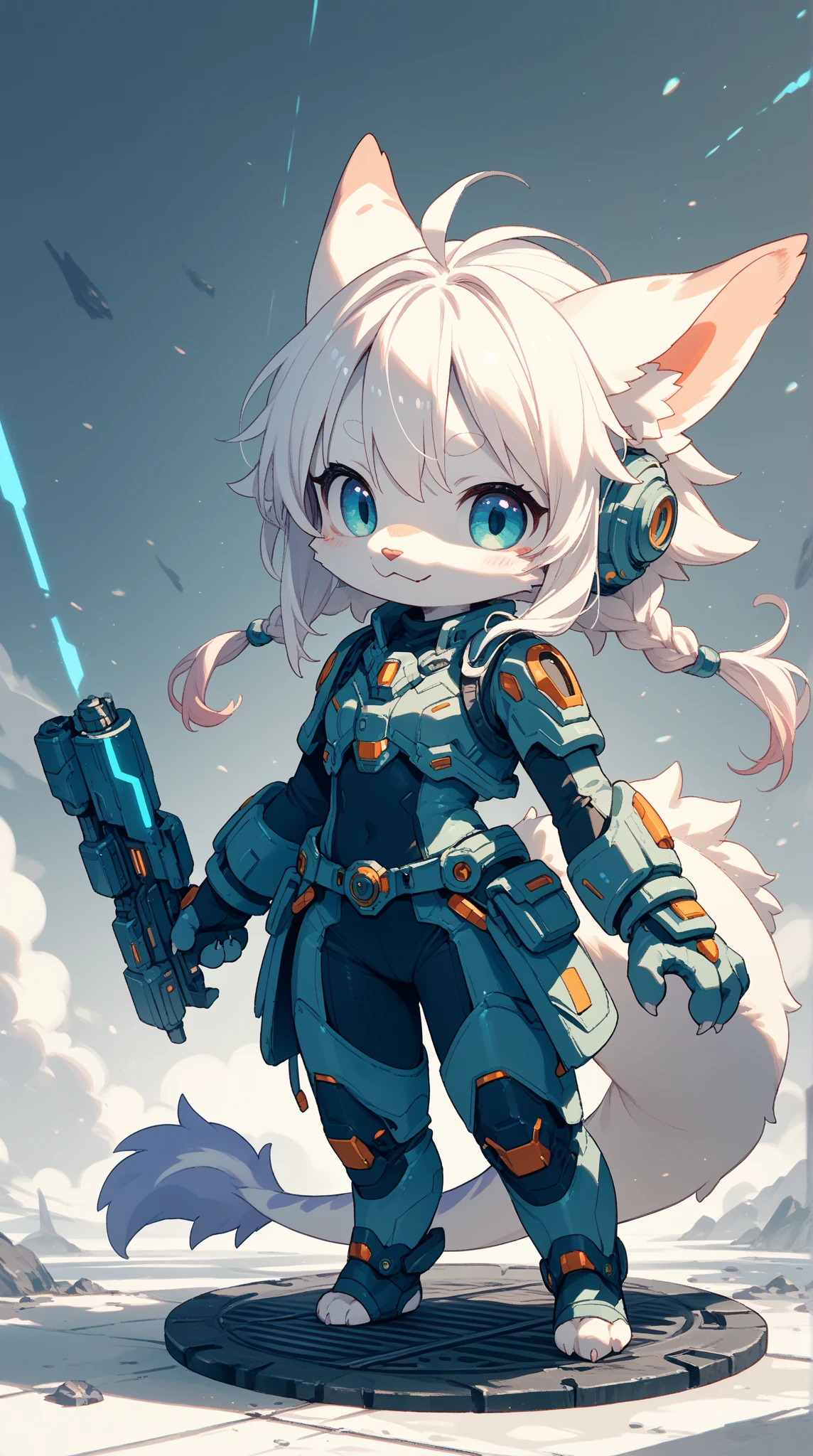 furry girl with a goat ears and goat eyes, white goat furry, simple artwork, furry, goat furry, arch, energy arch, cartoonish, simple design, character reference, lots of green. green weapons, solo, furry, reference, simple background, sci-fi clothing and gear, energy arch on head, energy halo above head, complex mechanism above head