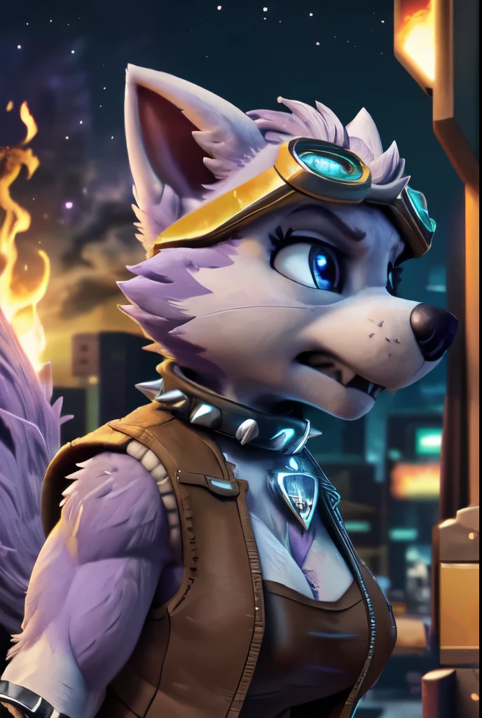 Everest, ((Paw Patrol)), ((female solo)), domestic dog, female, adult female, blue eyes, (lavender fur:1.65), ((lavender body)), ((sharp teeths)), ((large fangs)), blue eyes, (Shiny eyes:1.6), ((Pixar eyes)), perfect eyes, ((glowing eyes)), (hyper realistic:1.65), long fluffy tail, very large tail, tail up, very furry and fluffy, ((very large fangs)), perfect ligthing, (Cyberpunk city background:1.25), (fire at background:1.65), ((many hearts all over the screen)), (front side view:1.25), ((seductive break)), ((spread legs)), spread legs, (rajii:1.1) (dimwitdog:1.1), (thesecretcave:1.25), (cooliehigh:1.1), (miles-df:1.1), (complextree:1.1), (pixelsketcher:1.1), (foxovh:1.1), (zaush:1.1), (avante92:0.70), (meesh:1.1), (inu-sama:0.80), (cervina7:1.1), (F-R95:0.70), (R-mk:1.1), (xpray:1.1), (standing tall:1.65), (large fluffy tail:1.65), (close up to face:1.30), (angry expression:1.65), (nebula:1.45), (starry:1.45), (planet at sky:1.45), (wearing black shirt under vest:1.45), (anthropomorphic:1.45), (some muscles:1.45), (strong female:1.35), (hyper breasts:1.55), (wearing brown leather open vest:1.85), (wearing black tank top under vest:1.65), (wearing long goggles over head:1.45), (wearing black spike collar:1.65), (wearing brown bracelet:1.65), wearing black spiked bracelet:1.65), bracelet on left paw