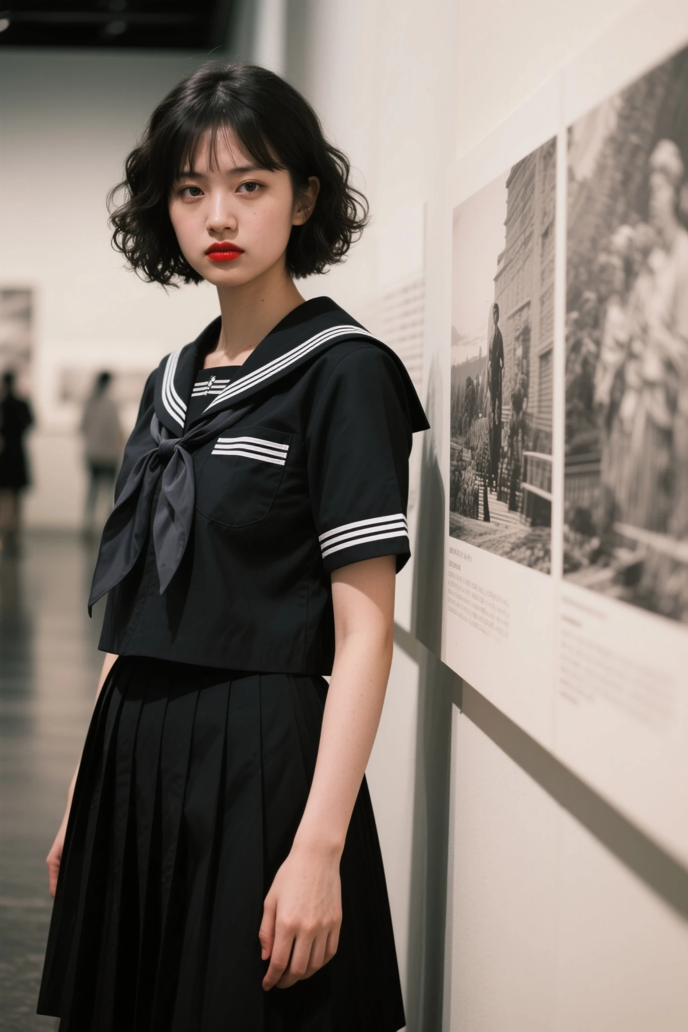documentary photo, photo-realistic, dramatic scene, 1 girl\(Mixture of Finnish and Japanese, very beautiful high school girl, famous beautiful fragile girl, bad girl, cool girl atmosphere, beautiful but cool boyish face, boyish atmosphere, black colored short curly haired, wearing a Japanese high school traditional sailor uniform with extremely long black skirt, extremely long skirt, sailor uniform, bad girl, red lips, Irritable and grumpy, very large breasts, slender\), Staring at the viewer, at the national photo museum, shoot from side
