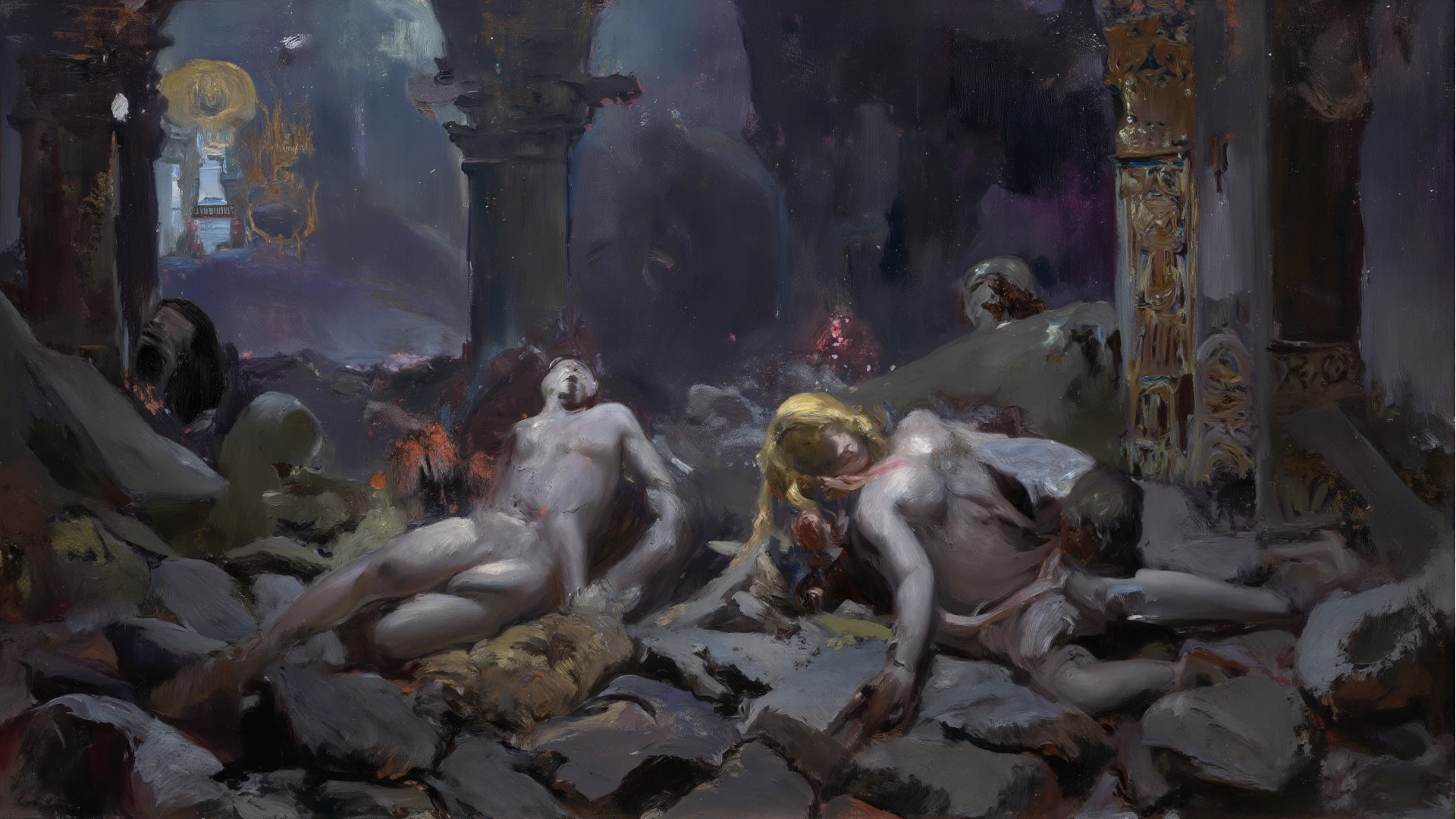 The battle between a giant fox spirit, and a man, set in a cave, a massive dead tree, 8k, oil on canvas painting, 17th-century painting stubs, baroque style
