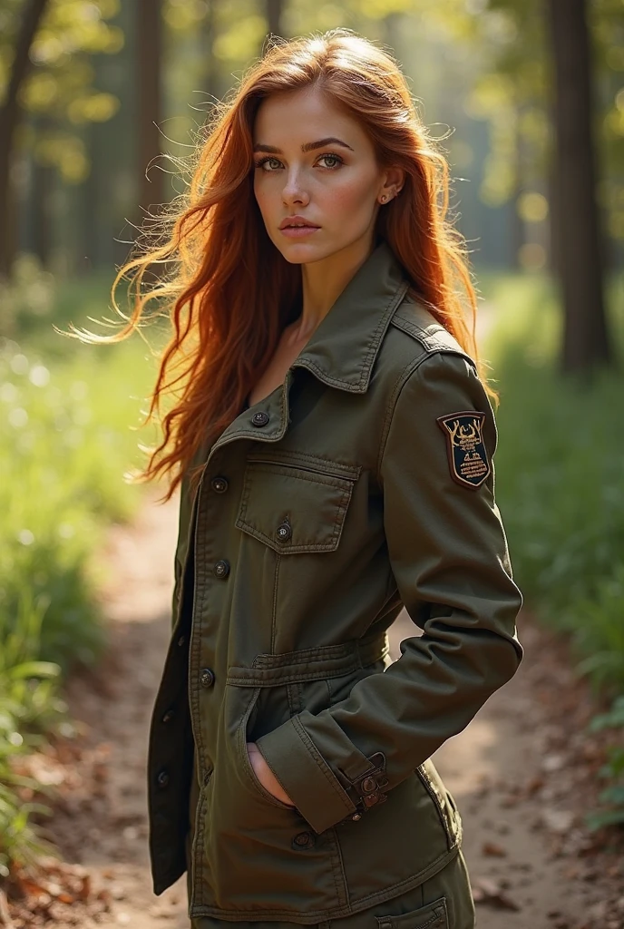 1girl in, age25, Solo, Aesthetic artwork, irish redhead, wavy ginger hair, shoulder length ginger hair, (green eyes), dark green eyes, some small freckles, pale skin, A-cup, small breasts, runners body, detailed skin texture, in a city park, standing by a fountain, close up, looking at viewer, (extremely detailed 8k wallpaper), soft lighting, high quality, film grain, Fujifilm XT3 sharp focus, f 5.6, 50mm, High Detail, Sharp focus,(natural light), (wearing a navy blue khaki jacket), khaki jacket, (wearing faded blue jeans), crazy details, complex details, hyper detailed
