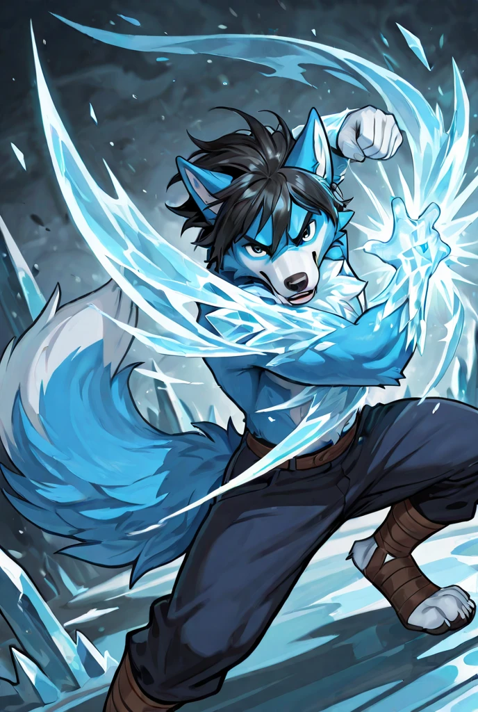 Furry shota, Young, wolf, black hair, long spiky ponytail, blue eyes, detailed body fur, (( blue hawaiian shirt, open clothes, black swim trunks, goggles)), masterpiece, looking at you, fangs, clear grey body fur, detailed face, big eyebrows, detailed eyes, detailed body, detailed body fur, detailed hands, flat body, glistering body, shiny body, skinny, sassy expresion, theety smile, snow forest, snow rain, ice Magic on palm hands, action pose, full body, feets whit three toes,