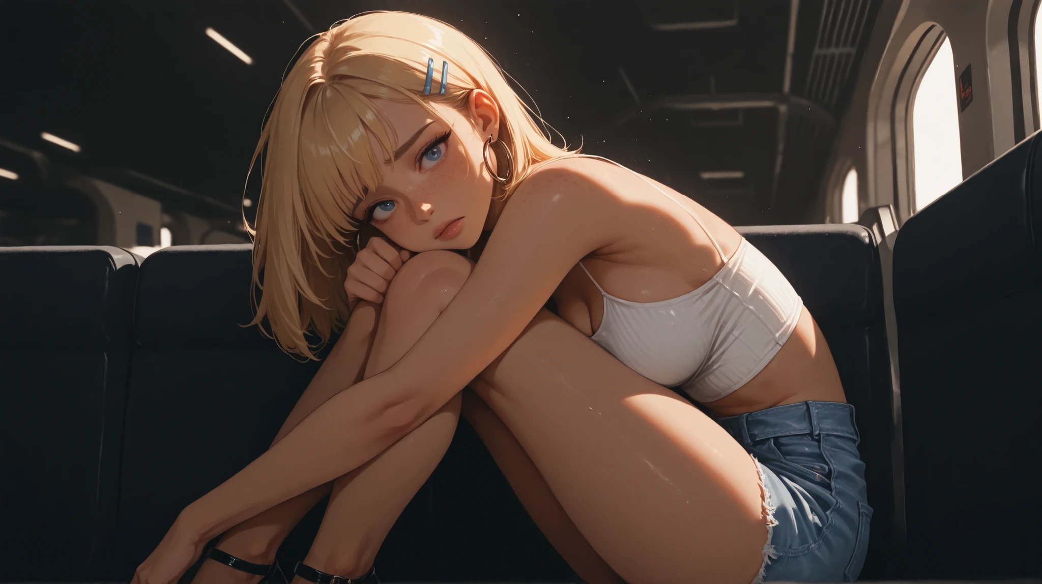 1girl, Solo, blue eyes, medium breasts, airport lounge interior background, knees pulled to chest, head resting on knees, feet on bench, heels in picture, very short tight jean shorts, platform heels, view from the side, looking over shoulder, light freckles on nose, worried look, High Resolution, looking at viewer, Bangs, Masterpiece, High Resolution, Anatomically Correct, Detail, High Details, High Quality, Hoop Earrings, Jewelry, Hair Clip, Backlighting, Bloom, Cinematic Lighting, God Rays, score_9, score_8_up, score_7_up, cinematographic film image, dappled sunlight, full lips, glossy lips, beautiful young girl, blonde, tight spaghetti strap top,