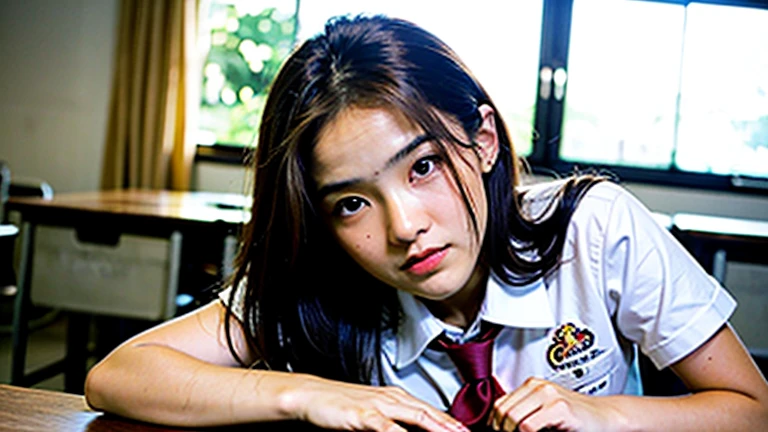 Photorealistic, (close-up:1.3, exposed face), wide angle, (seen from above:1.2), in frame, a japanese young woman, ((white button shirt:1.2, with grey blue necktie:1.2, long skirt:1.3), uniform of indonesian high school likeness:1.3), a hyperrealistic beautiful young woman with grayish blue eyes,extreme detailed face, flowing hair, (black hair:1.4), natural sagging breast, high detailed official artwork, beautiful girls with plumpy body and busty posture, fatty belly, long legs, attractive young woman, (atractive poses:1.3), lying down on the (desk:1.2), in the classroom, surrounded by student, skyview background, dubnitskiy david fanart, realistic portrait, smooth photorealistic, perfect visual of a cute girls, cute girls with round soft face, face focus, makoto shinkai and artgerm, photon mapping, natural light, warm color tones, vivid colors, cool ambient, foggy atmosphere