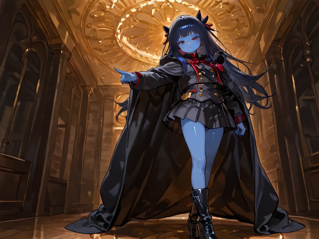 ((best quality)), ((highly detailed)), , (1girl), (solo), Perspective control, dynamic pose, full body, <lora:Hex_Maniac_Pokemon_v2:.8>,  Hex_Maniac_Pokemon, dark purple hair, long hair, messy hair, ahoge, purple headband, dark blue eyes, @_@, small breasts, smiling, purple sweater dress, long dress, (maxi dress), long sleeves, turtleneck, (outdoors, in a mausoleum, morning, sunrise)