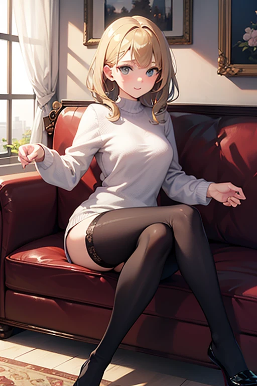 masterpiece, Highest quality, High resolution, HS1, Red eyes, Yellow Eyes, Side Ponytail, X Hair Ornament, pantyhose, Long sleeve, Short shorts, Off the shoulder, Plaid, black pantyhose, Red sweater, Black Choker, Cowboy Shot, indoor, Sitting, Feet together, smile