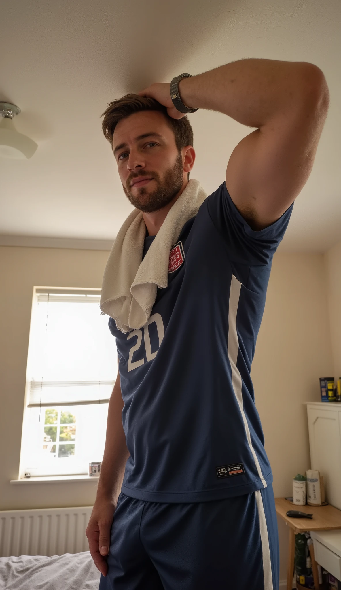 realistic v2 prompt - hot mlb player, face is (Kris Bryant:Brice Harper:0.5), hanging out, in Orioles lockerroom, shirtless, big bulge, f/8 1/125, style is candid photograph, current year


