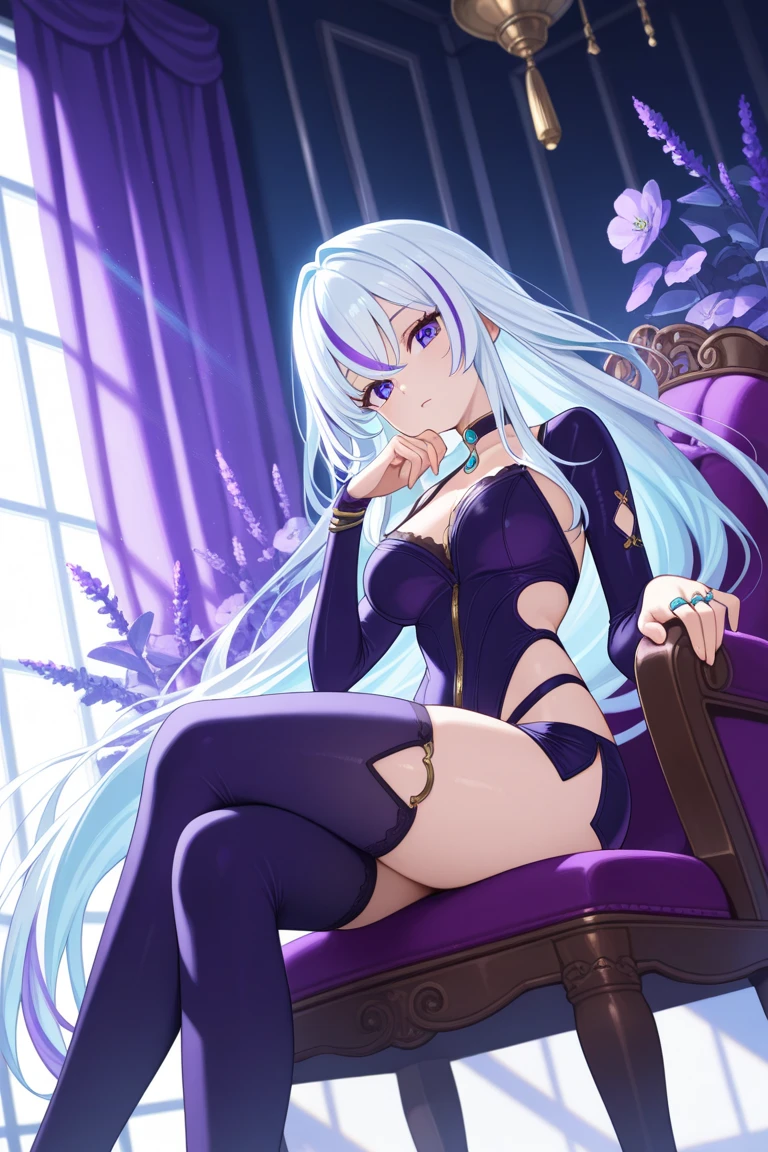 ((highest quality)),masterpiece, One adult woman, morgan le fay (destiny), chest, solo, Long Hair, ((blue eyes,Slit eyes,sharp eyes)),tall, (stare at the viewer,Cold gaze), Robe, Braiding, Black Dress,Navel sticking out,Black tiara,Sitting in a big chair,Crossing your legs,Drawing picture,