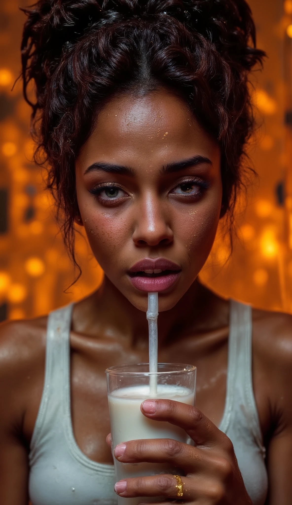 A young woman of light-brown complexion is shown close-up, angled slightly downward, taking a drink through a straw. She is positioned from the mid-chest up, centered in the image. The woman's expression is intense and focused, her eyes are wide open, and golden eyeshadow enhances her gaze. Her lips are slightly parted in a focused expression. She wears light-colored, possibly white, athletic-style top and has light pink nail polish on her fingers. Several gold-toned rings are visible. She has a toned, athletic build. The background is slightly blurred, with warm, yellowish-orange tones emanating from the lower half of the image, creating a dramatic lighting effect. The focus is primarily on the face and upper body, highlighting the woman's facial features and expression. The lighting is strong and emphasizes the texture of her skin, with visible perspiration. The style is of a stylized portrait or fashion shoot, with a vibrant color palette. Important details include the straw, glass of milk, and the jewelry on her hands.