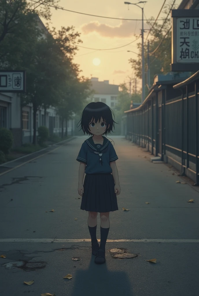 Sad black short haired teen girl in school uniform on schoolyard background 