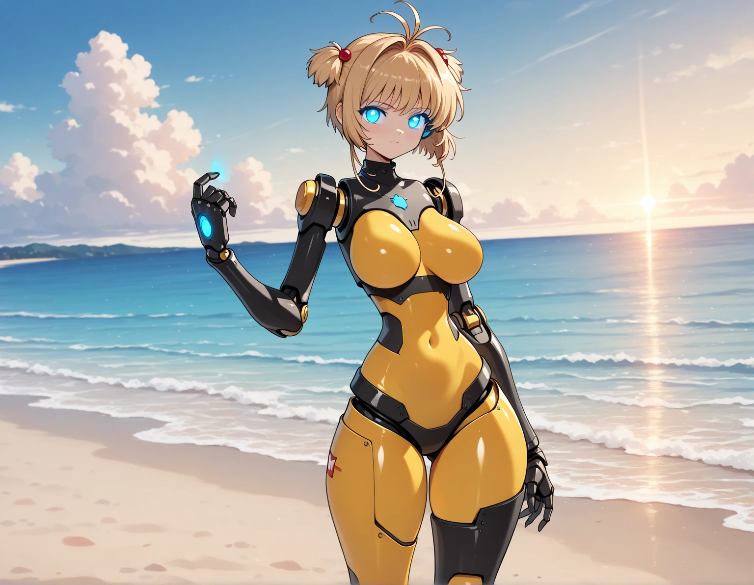 (Crotch)、Open your legs towards the viewer、pretty 1girl, top-quality、The ultra -The high-definition、hight resolution、extremely details CG、8K Unit Wallpapers、19 age、Beautiful detailed eyes,large boob、Platinum Blonde Hair,bob cuts、biomechanical oppai,Grid girl posing on the circuit 、zippers、(Golden Metallic Competition Swimsuit)、(((One piece swimsuit with lines)))、Sleeveless、darkskin、(FULL BODYSHOT)、(Shiny body:1.3)、 Open mouth, blush, Sweat,be shy、