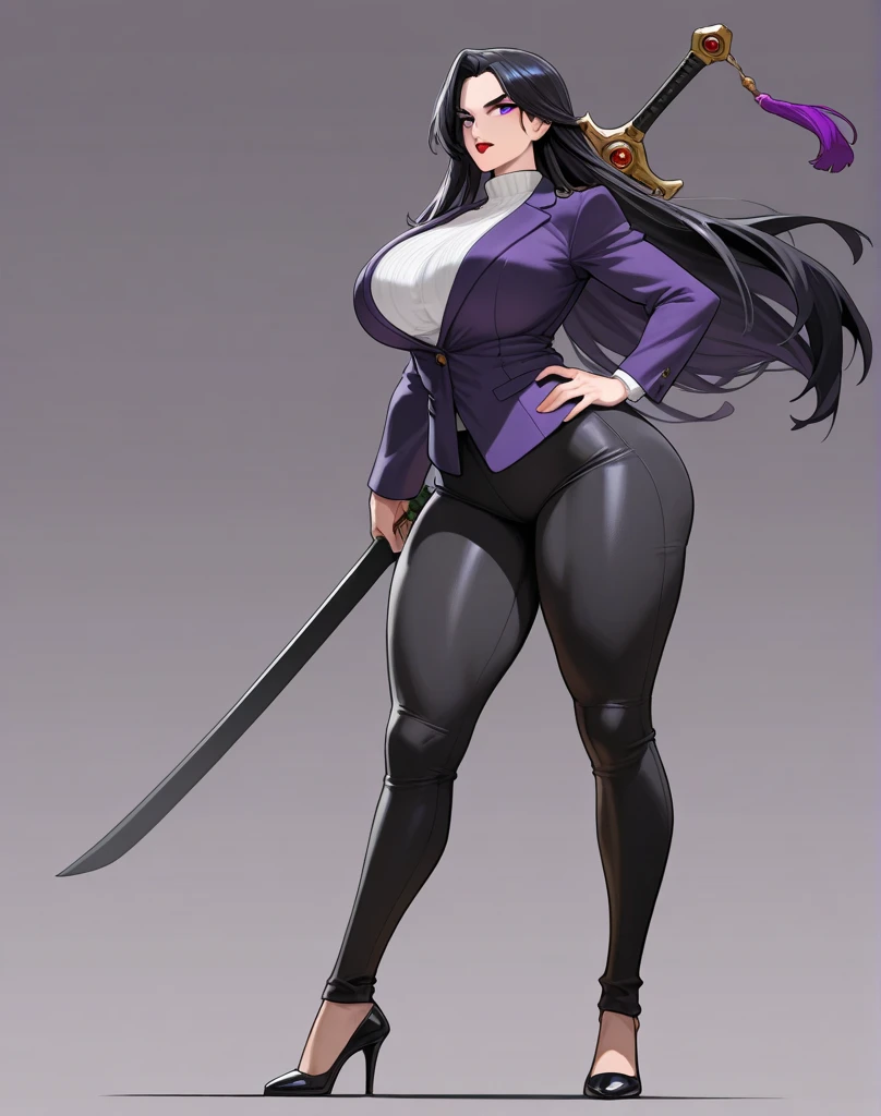 a cartoon of a woman dressed as a witch with a sword, mighty plump female sorceress, black - haired mage, dark sorceress full view, commission for high res, supervillain sorceress witch, succubus in tight short dress, dark sorceress fullbody pose, human :: sorceress, fullbody commission for, evil sorceress, UHD, retina, masterpiece, ccurate, anatomically correct, textured skin, super detail, high details, high quality, award winning, best quality, highres, HD, 4K, 8k