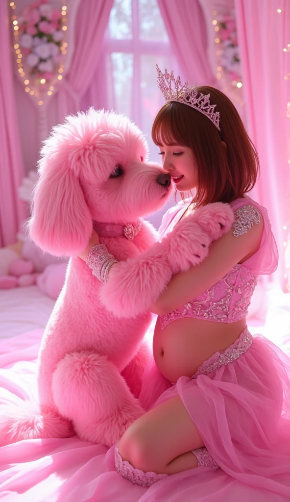 ((((((otherworldly crystal room background,Crystal monuments,pink magic light diffusely reflected on the crystal, Sparkling Lights ,Pink-colored magic giant toy poodle spirit who cuddles with girls and sits and has , Pink Magical Giant Toy Poodle Spirit Kissing Girl:2.5))))))Blake
((((3japanese slim body girl,huge ,でピンク色の魔法の宝玉の飾られたビキニアーマーを身に付けるPregnant woman in her final monthの女の子,Pink Magical Jewel Tiara,Pink Magical Shoulder Armor,Pink Magical Waist Armor:2.5))))Blake
((( brown hair medium bob cut hair ,Pregnant woman in her final month)))
((((((pink magical aura emanating from her whole body,Unsuitable Smile,Pink glowing eyes,A girl dynamically holds a dog in a sitting position with pink magic power in both hands:2.5))))))