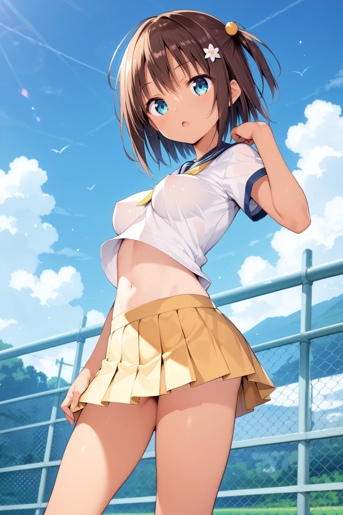 nakasu kasumi, bob cut, light brown hair, short hair, blunt bangs, crescent, crescent hair ornament, hair ornament, hairclip,crop top, underboobs,low waisted skirt, micro skirt, high waisted panties