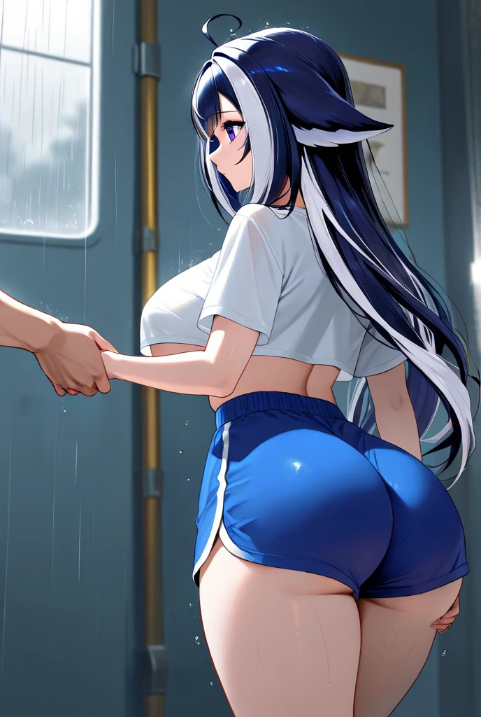 score_9, score_8_up, score_7_up, source_anime BREAK 1girl, mejiro mcqueen \(umamusume\), summer uniform, white thighhighs, standing, crossed arms, blush, huge breasts, wide hips, thick thighs, looking at viewer, serious, on train, train interior, silver hair, long hair, horse ears, BREAK 1boy, (faceless male), size difference, medium breasts, stealth fingering, fingering, lace trimmed panties, dripping, netorare, cheating (relationship), cowboy shot, close up, multiple views, ass, groping, panel rayout