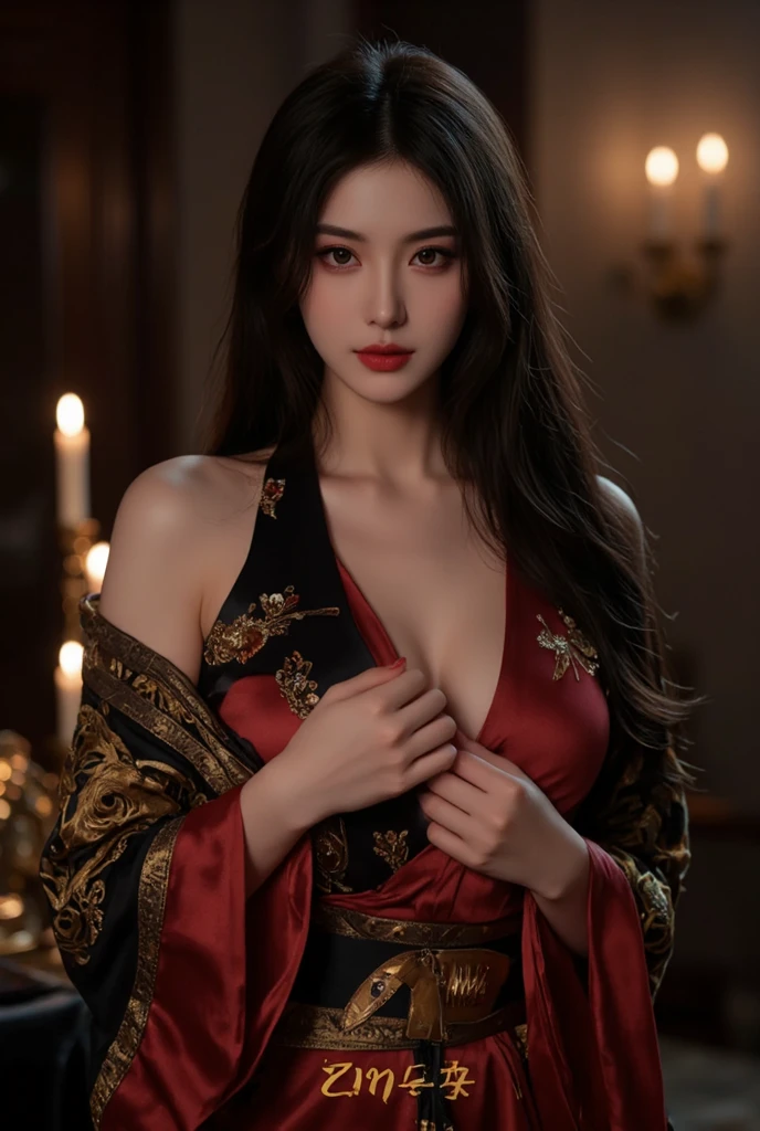 "1 beautiful girl in national costume, Wearing bright red traditional Chinese ao dai, Ao dai with red as the main color, Black chest border and gold border, long hair and white bangs,,, The most detailed and beautiful hair jewelry, Super cute little face, Very pretty face, Sparse eyebrows, The most perfect beautiful face, ((Black pupil:0.8)), Very beautiful eyes, ((Eyes red:1.4)), Beautiful and detailed eyelashes and very magical makeup, High Nose, earrings, thin lips, Red lips, No smiling, Beautiful lips, Rosy face, Clean face, Perfect beautiful face , smooth white skin, (Big breasts: 0.9)), Brams' chest, ((Large, Super round breasts): 0.9)), ((Super tight breasts: 1.2)), ((Breast augmentation surgery: 0.8)), Beautiful breasts, Sitting on the floor, Sitting with legs wide open, Thighs are wide and not shy, hands behind back, Chest forward, lean back a little, Beautiful girl's upper body, 8k photo, ultra-quality, Hyper realistic, 10x Super Pixels, photographrealistic, bright studio, Bright edges, Two-tone bright colors, (high detailing) skin: 1.2), 8k ultra, Soft light, High quality , Volumetric lighting, Realistic, Photos, High resolution, light, Best Photo, 4K, The 8k quality, Blur effect, Smooth and sharp, 10x pixel, Aurora, Lightning, Super Graphics , The most realistic graphics,(Red flower background: 1.7), Alone, Solo, Portraits 9:16, Very sharp, Surreal images."