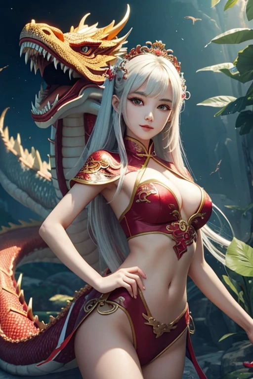 White gradient background，（in a panoramic view：1.2，full bodyesbian：1.2），1个Giant Breast Girl，There is a Chinese dragon around，anatomy correct，（denim short，red legwear，small vest，Red coat，White shoes），smallunderboob，Dog-shaped headdress，long whitr hair，ssmile，（Chinese dragon motifs are printed on clothes and socks：1.6），perfectly proportions，extremelydetailedface，（Best quality at best，high detal，tmasterpiece，offcial art，movie light effect，4K）