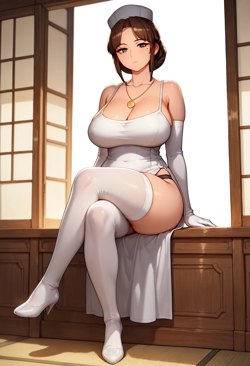 {{full body}} {{Artist: sincos}} 1girl, mature female, silky black hair tied in a elaborate updo, Large dark brown eyes with long lashes, violet eyes, curvy figure, ample bossom, beauty mark near her left eye, black and white aoqun hanfu, white silk stockings, White embroidered silk slippers, indoors, standing, pov