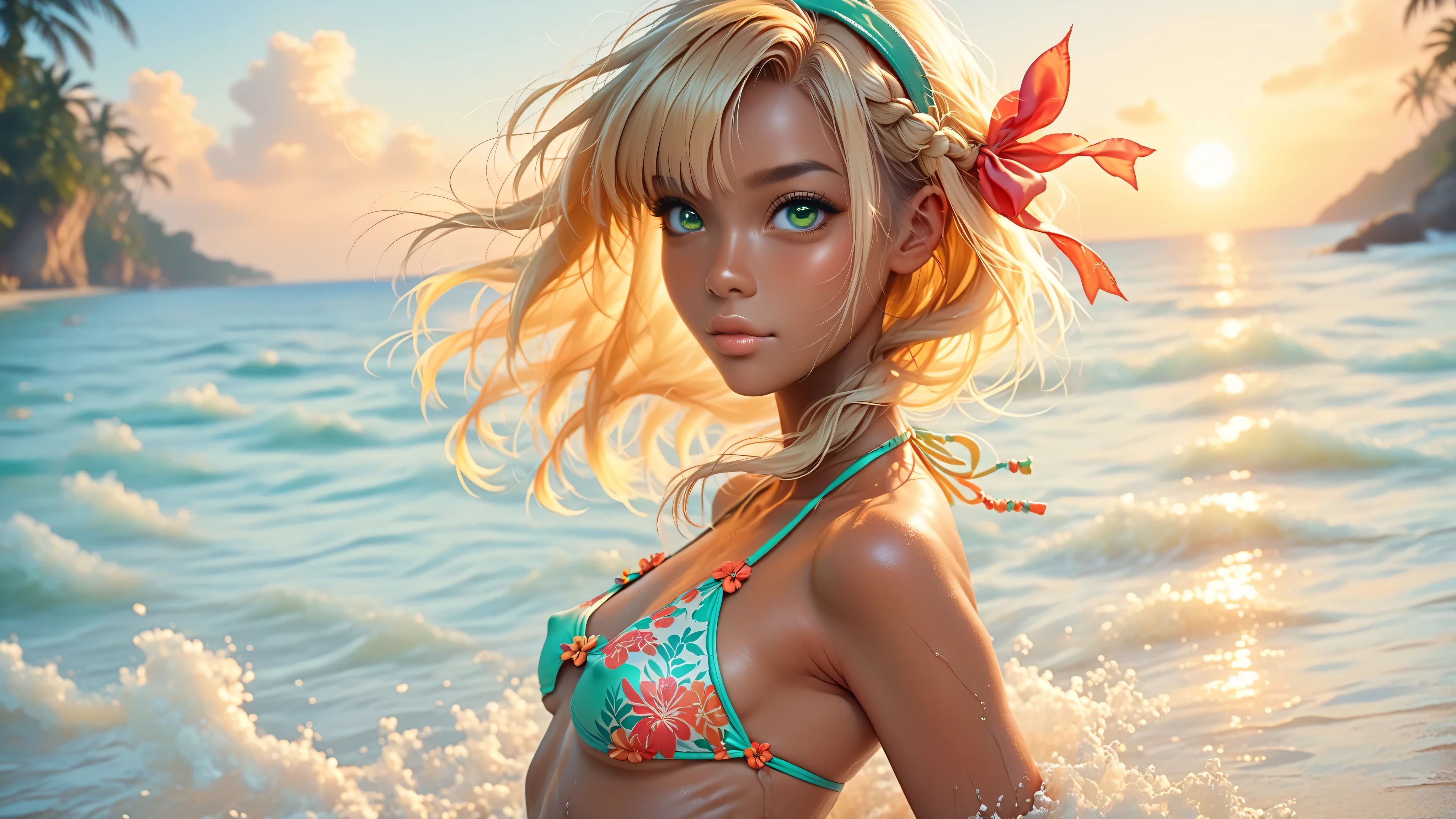 ((1girl, solo)), standing in the water at the beach, (dark tan girl), (tan skin), cute girl, ((skinny)), ((petite)), (long hair), (side braid), ((blonde hair)), pastel colors, ((tight bikini top)), midriff, hard nipples, underboob, looking at viewer, sexy, bikini low on hips, cowboy shot, ((full body)), beautiful lips, sexy mouth, ribbon, hair ribbon, bangs, upper body, green eyed, bangs, ribbon, tropical background, ((sunset)), island life,