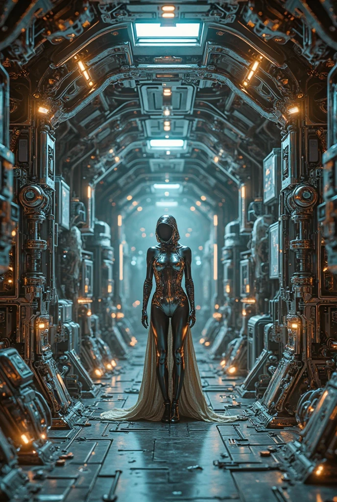 1 nude Cyberpunk girl, futuristic, mechanical aesthetics, cameltoe, giger, biomechanic, surreal, lovecraftian,tentacles spaceship interior corridor, wide angle, worms eye pov