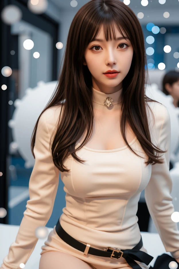 (lifelike,high resolution：1.3）， A slim girl， The face shape and eyes are super delicate,black hair,pink glossy lips,(beautiful face), (best quality), (Super detailed), (Extremely detailed CG unified 8k wallpaper),((deep v shirt )),(White background),(cleavage),(Model photo),sexy look,perfect symmetrically perfect eyes,big eyes,Wearing (makeup), blush, lipstick, glossy lips, eyeshadow, eyelashes,(standing),(air bangs),(Slim waistline),(MEDIUM BREASTS). looking at the camera
