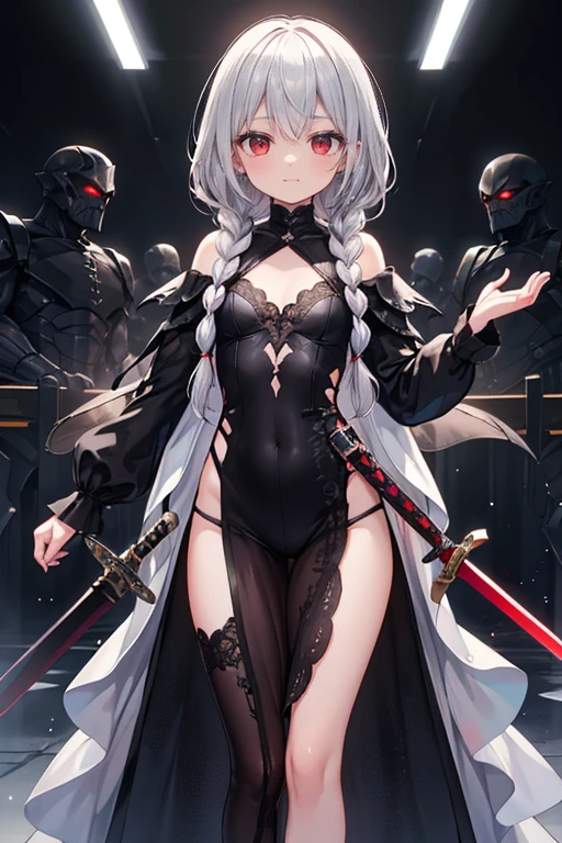 ((Inma)),((beautiful girl)),silver hair,jet black eyes,Have a dagger,(((Bewitching))),emphasize the chest,(beautiful face),looking at the viewer,(((beautiful legs))),Are standing,black robe,noble,Provocative,