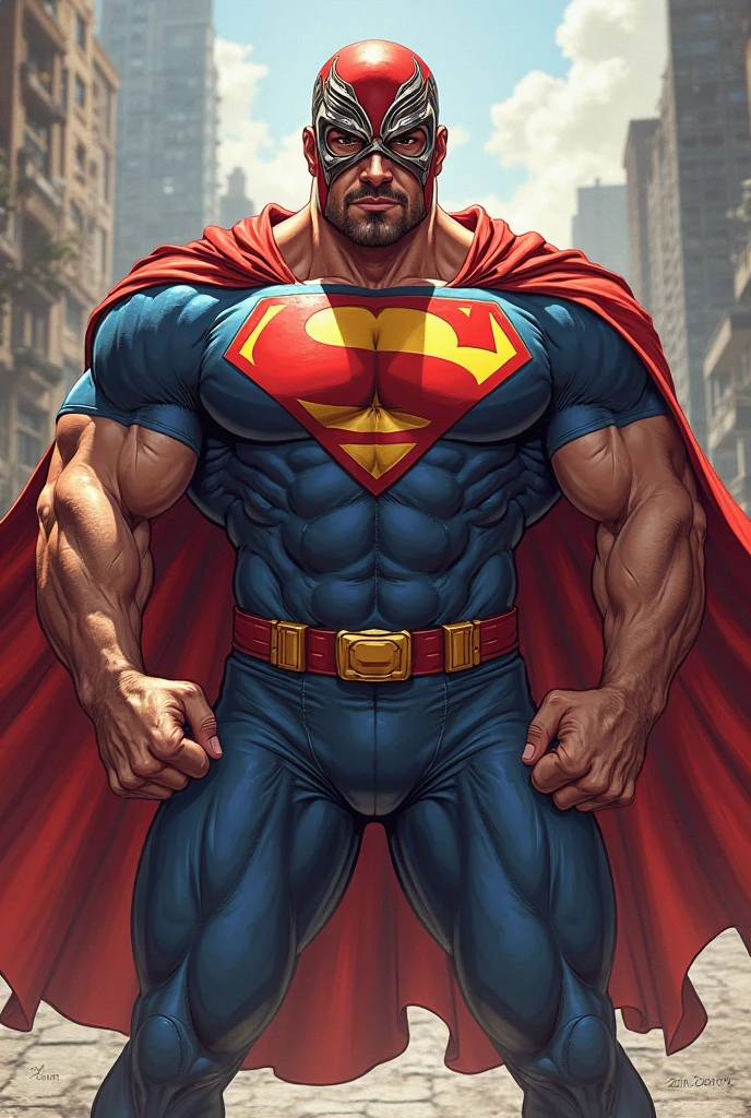 portrait, Hot superman, rugged, dadbod, hairy(stocky), tight costume, superman costume, muscular, beefy, beard, cute, full body, fully clothed, intricate details, neon city