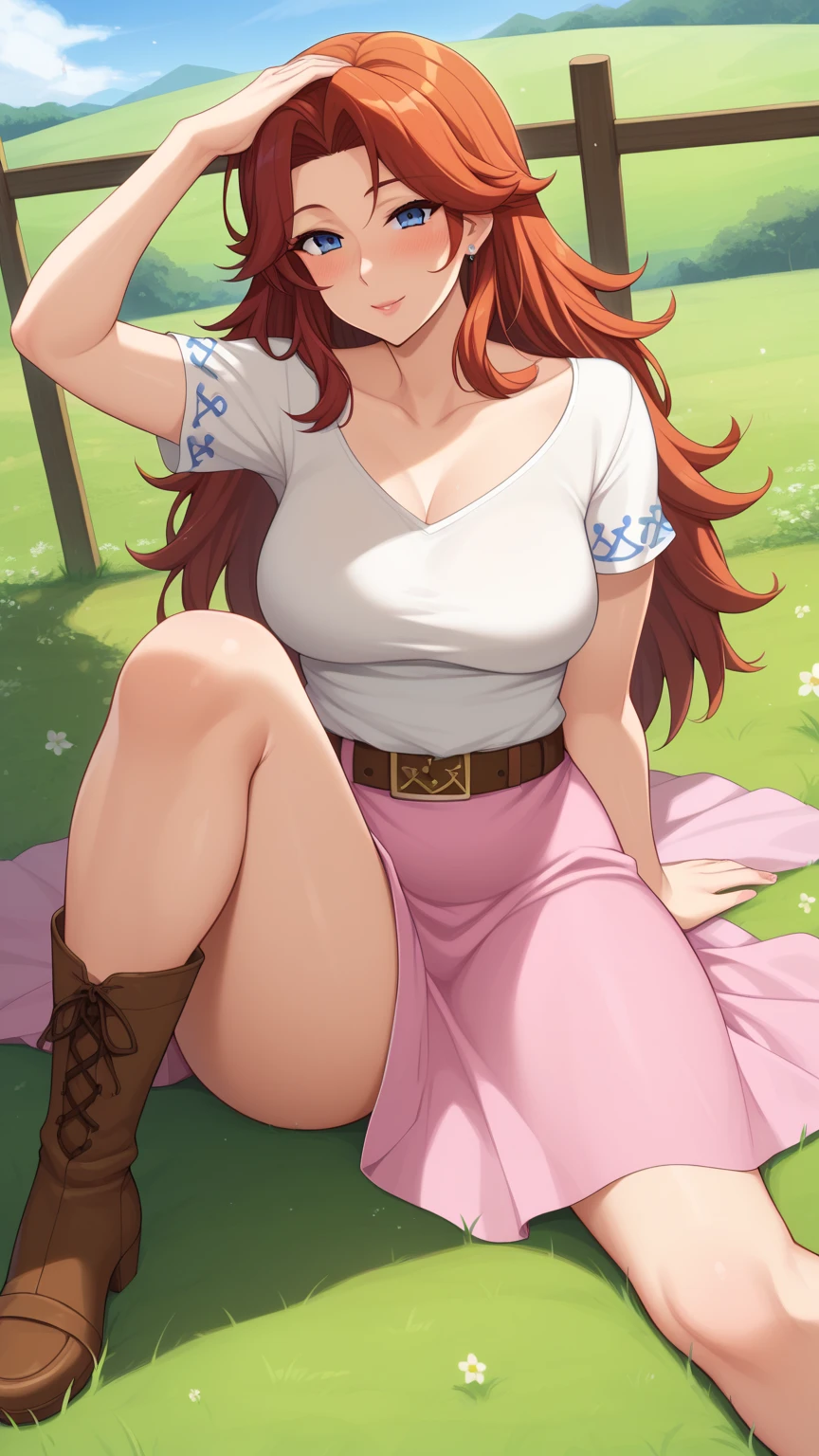 (masterpiece, Highest quality:1.2), alone, One girl, 、Kindergarteners、、6 years old、、の小さな体、Jessica, Embarrassed expression, blush、Twin tails, Purple Shirt, Strapless Dress, corset, Earrings, belt,Long skirt、 Cleavage、(Huge breasts:1.2)、Squatting with legs apart、Fancy lace panties、Underwear wedgie、From below、is see-through、See-through panties、Background grassland