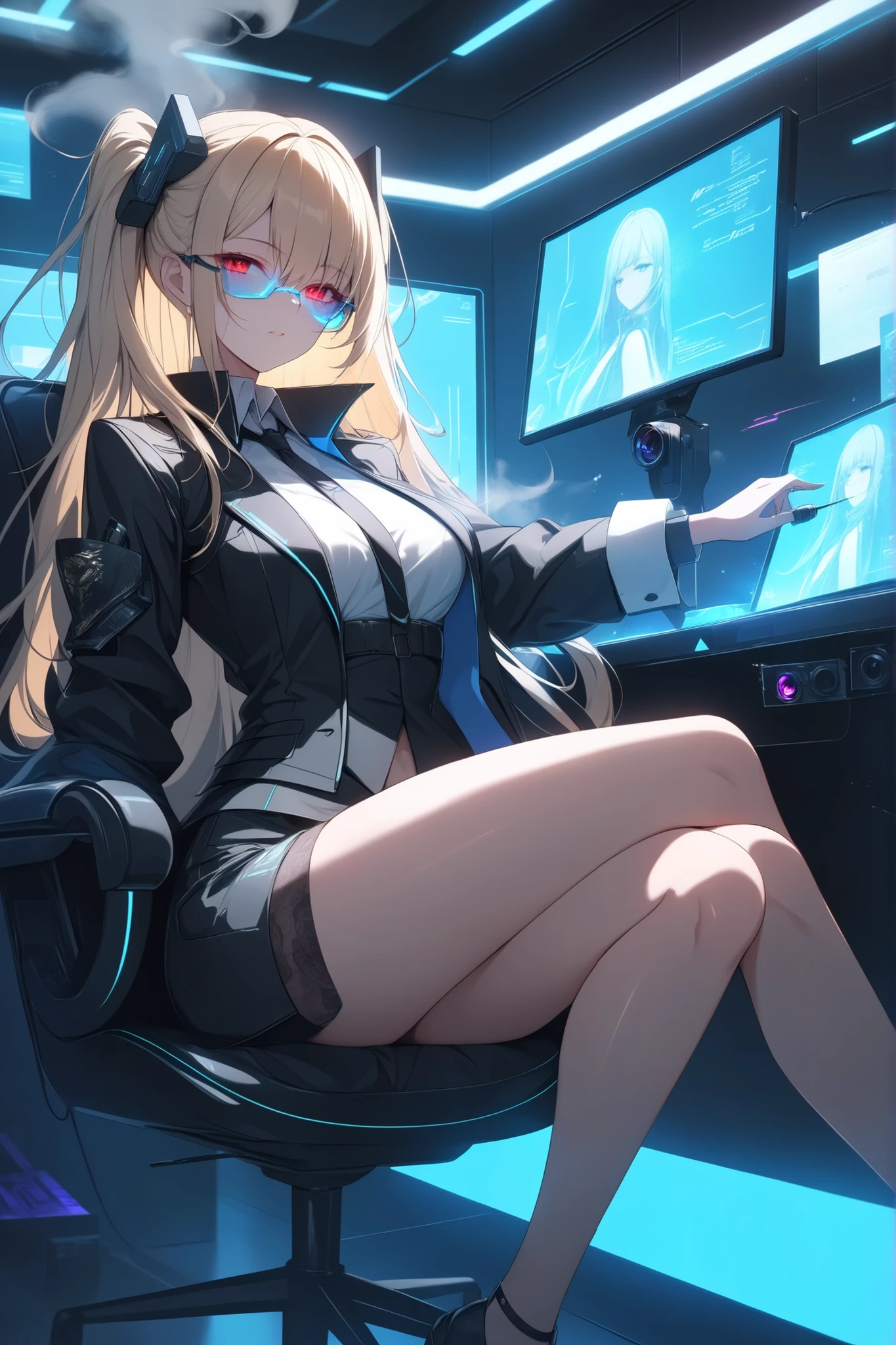 (masterpiece) (high Res), (robot), (Perfect face), (perfect anatomy) Television Head, woman in super tight clothes, (office suit), (mini skirt), shirt, tie, blue glowing eyes, huge breast, narrow waist, wide hips, thick thighs, Brown skin, metal body, black high heels, (TV Head), (tv girl), (Television Head)