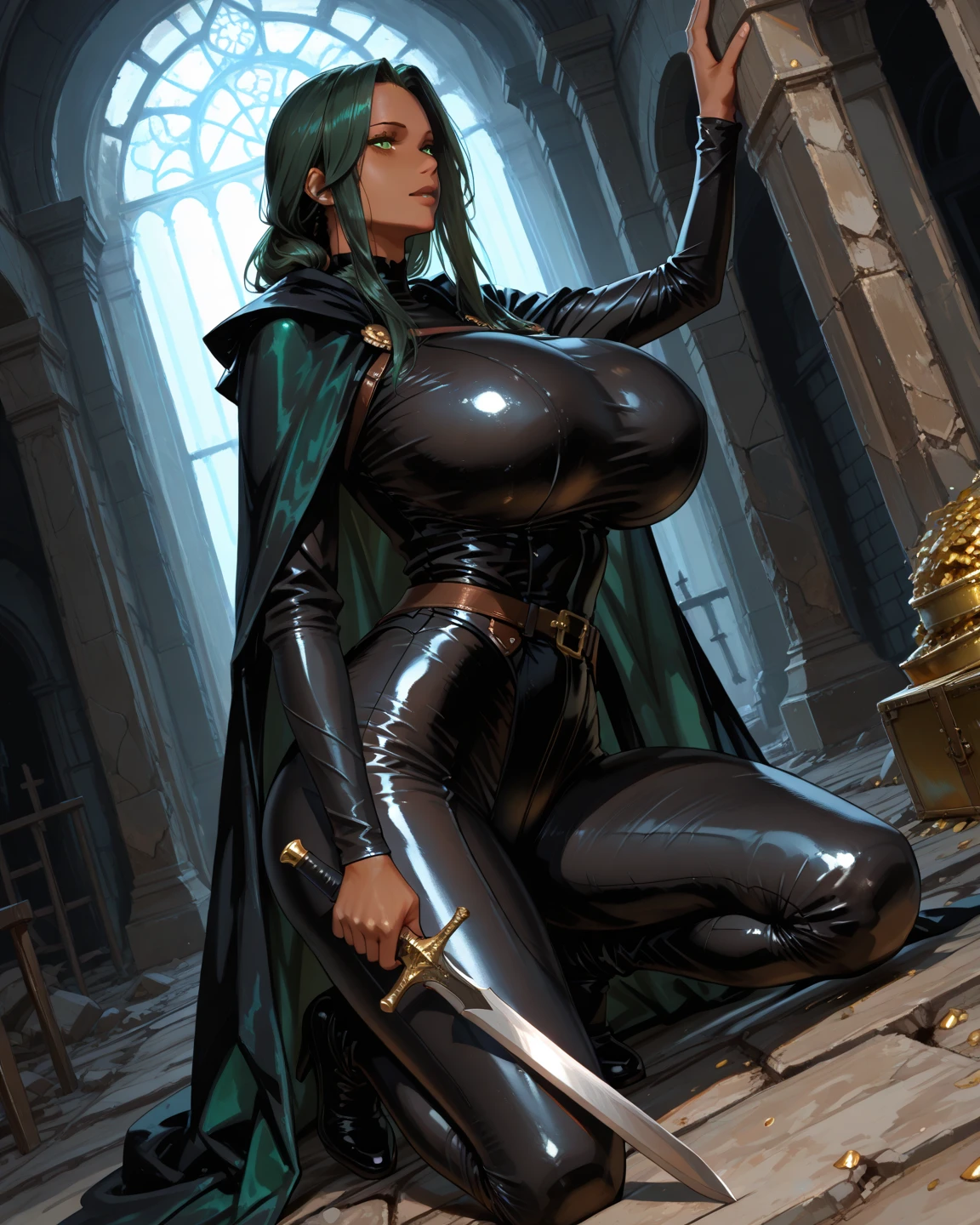 ((Close-up)), tall, (green hair) beautiful muscular woman, long curvy hair, light brown skinned, closed smile, big breast, (black lipstick), ((massive muscles)), (hyper muscle), ((ginormous bulky muscles)), glowing orange eyes, ((black hooded coat with a long pleated skirt)), (black corset), long pleated skirt, (carrying a giant dragon sword), choker, thigh high boots, (Dark and moody universe:1.3)