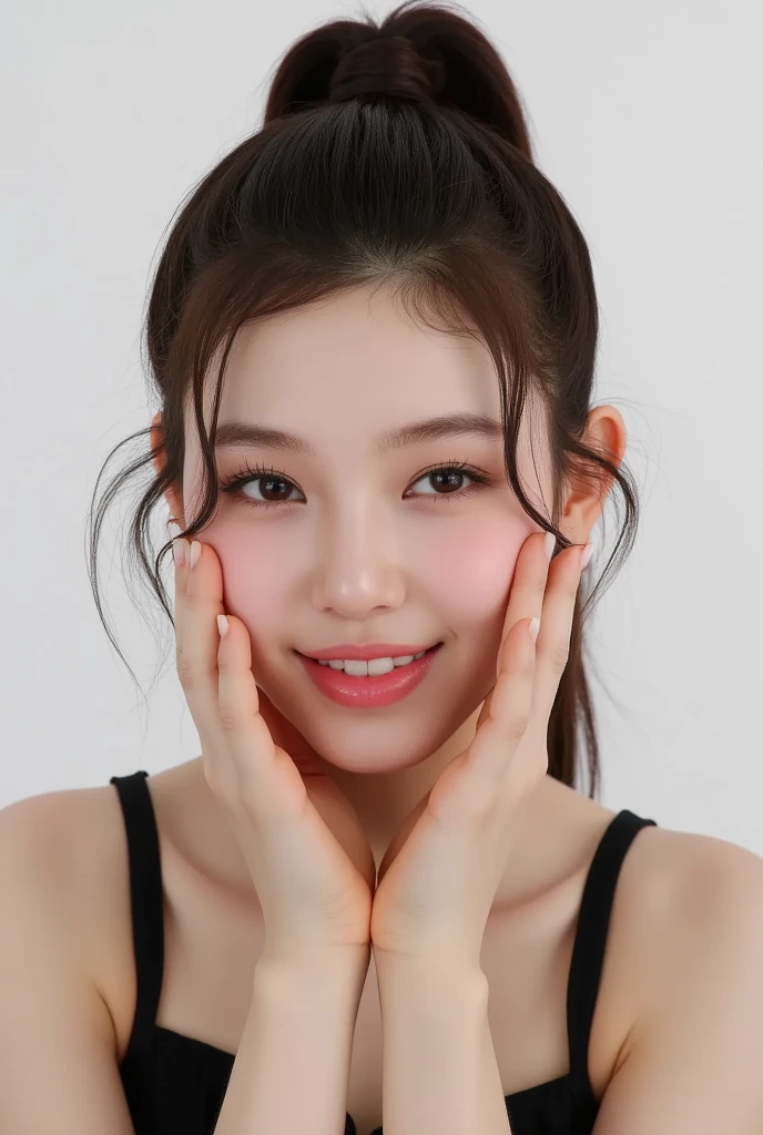  A tiny bikini with a strap around the waist:1.4,See-through:1.3,Looking at the camera, Cinema Lighting, perfection, Dim Light, High Resolution Skins:1.2, Realistic skin texture, 14 years old、Hair,pores,Small Face、Without makeup、, Drop your shoulders,Bust cup B、Small neckline, black eye, ponytail, Black Hair、Photo size from head to mid-thigh、Neutral Background , Look at the target, Happy and smiling 