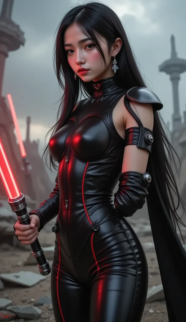 Beautiful full body photograph of perfect ((Bae Suzy), Bae Suzy, ((big heavy breasts)), red lightsabers, shapeless long hair, (wearing space outfit), perfect features, abstract beauty, near perfection, pure form, ((dynamic pose)), sci-fi background ((dark shadows)), ((rim lighting)), concept art by Stanley Kubrick, stunning details, intricate details, 8k post-production, High resolution, super details, trending on ArtStation, sharp focus, depth of field f/1.8, studio photo, (best quality, masterpiece: 1.2) , (tmasterpiece) , (very detailed CG unified 8k wallpaper) , (very pretty face), (beautiful, perfect makeup) voluptuous, very tight space suit, symmetrical face and eyes, dark heavy eyeliner, gorgeous girl, full body picture, standing upright, she is extremely attractive, her legs are elegant and fit, she has attractive thighs, she has attractive hips, her skin is delicate and beautiful, everything about her is very beautiful and gorgeous and attractive in a classical sense, she knows that she looks beautiful, she is looking into the camera, she is fierce and sexy