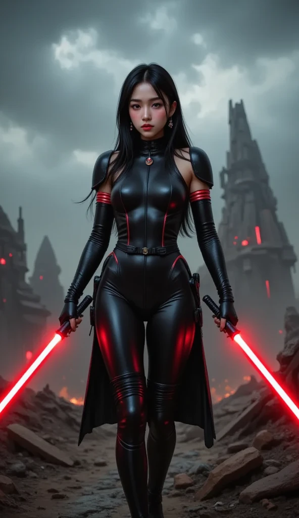 Kim Ji soo, Korean Asian Girl (Blackpink) voluptuosa y un sable de luz rojo en sus manos, in ninja pose lifting her miniskirt Captivating cinematic photography Kim Ji soo Korean Asian Girl in 8K, capturando su figura impresionante y tonificada, reminiscente de Kim Kardashian. She is dressed in a black cape and a tight black leather miniskirt that highlights her curves AND plunging legs. , luciendo como una lord sith al estilo Star wars ., with red lightsaber wielding with his two hands in ninja pose , ojos enrojecidos, al estilo lord vader, lord siht very young and beautiful The urban and harsh landscape behind her, typography, 3d render, cinematic, dark fantasy, photo, poster