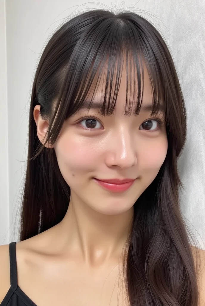 Place your hands on your head、Show your side、1people、Delicate skin quality、日本people、((Highest quality, 4K, Masterpiece: 1.3)), Beautiful style: 1.4, Long black hair, White short tank top, Large Breasts, Wet body, Sweaty, Place your arms on your hips, smile, Teacher Outfit, Highly detailed face and skin texture, Fine grain, double eyelid、The whole body is visible、White teeth、Teaching lessons