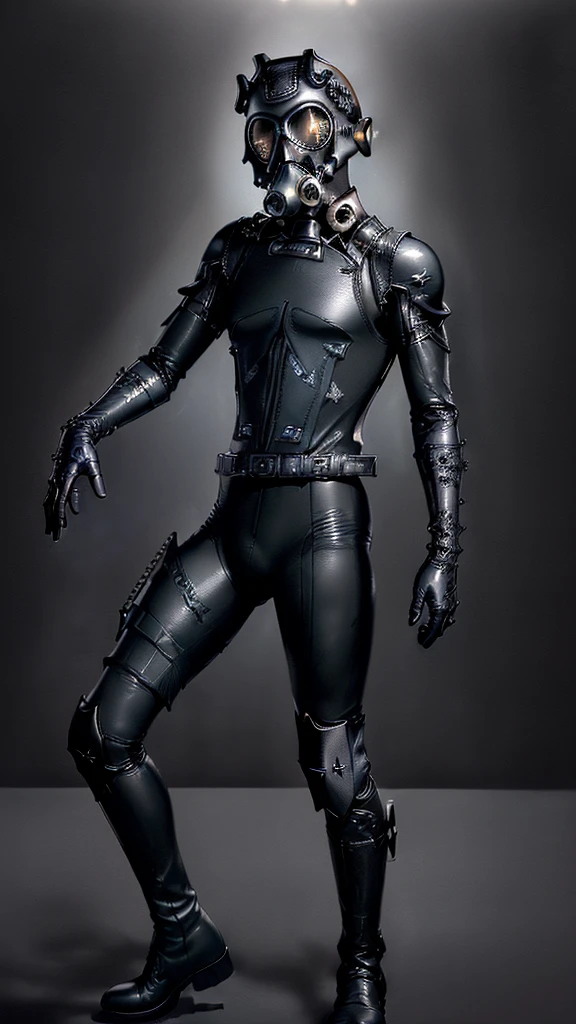 ((Final Fantasy taste reality graphics)), ((young, cute and cool ikemen boy)),,,his age is early 20s, thin eyebrows and beady eyes, ((he is wearing black shiny thin and coverall latex catsuit with front zipped up)),((catsuit is long sleeve)), ((put on black shiny and coverall full finger latex glove on both hands)),((catsuit,glove and corsets is very tight-fitting)),,((black color long length leather knee-high boots)),((also put on leather corset, with many belts, girth,neck,and both wrists)),((neck collar corset is big, thick, and very long length)), ((cool atmosphere)),((dont show finger)),((boy is must no bare hands)),((boy looks like fashion model)),((all clothes is smooth taxtrue)),((boy is average height and weight medium build))