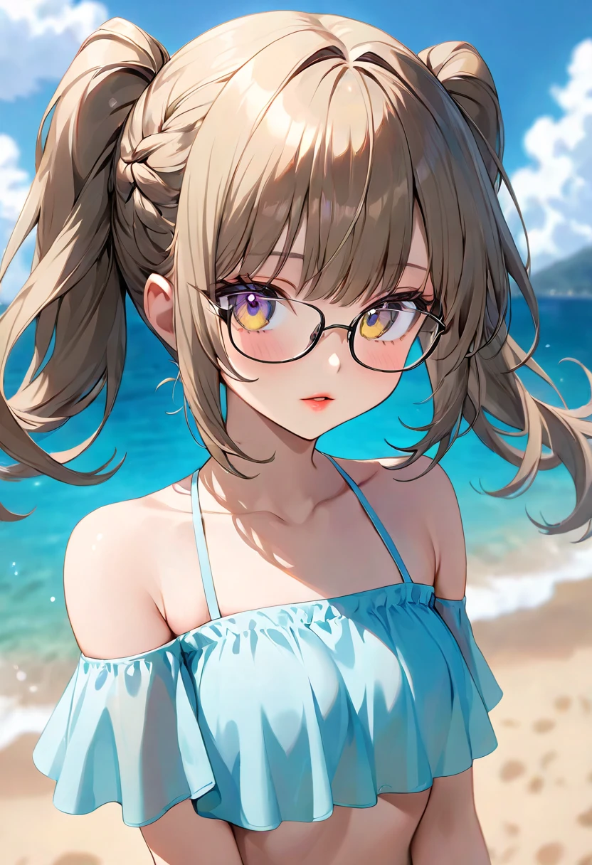 (High quality, High resolution, Fine details), wearing round glasses, (fashionable outfit), (modern style), solo, curvy women, light brown hair, sparkling eyes, (Detailed eyes:1.2), natural makeup, smile, blush, Sweat, Oily skin, (View from above), Soft tones, soft and gentle breeze, shallow depth of field