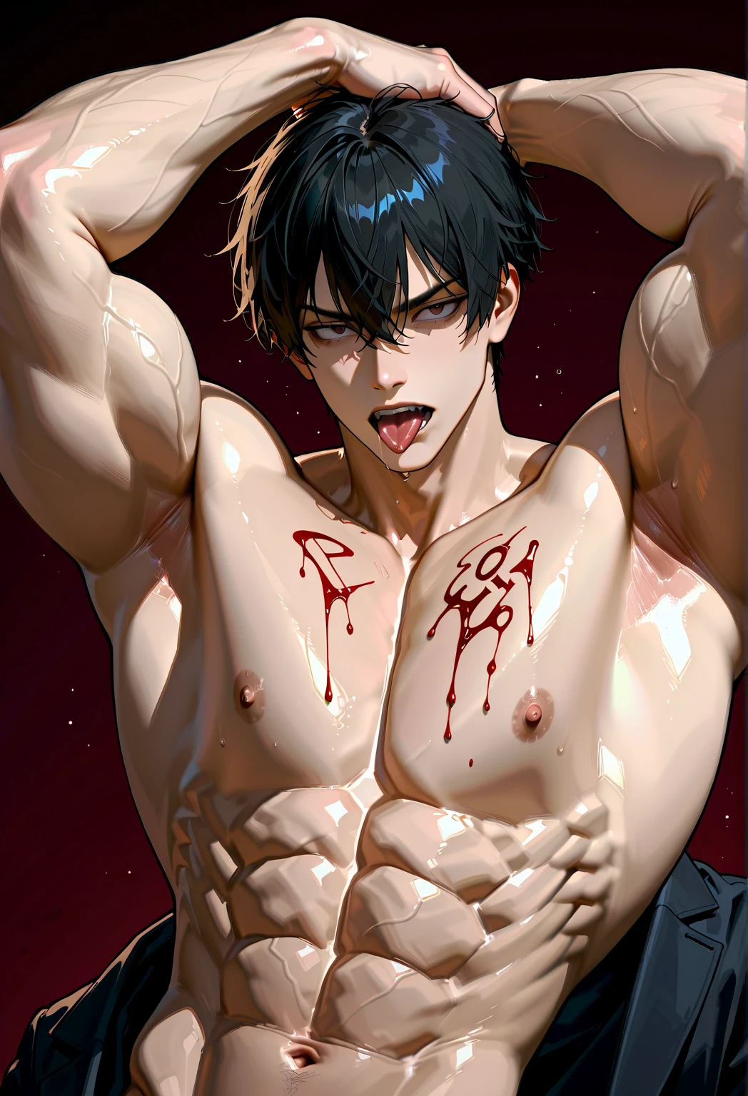 focus male. A man is held down and raped by a group of men. Short black hair, red eyes. A man with an expression of either ecstasy or despair. An obscene red tattoo on his stomach. A large amount of semen drips from his asshole. Breast milk overflowing from a man's nipples. black gloves. A man's clothes were half pulled and torn. penis. semen.