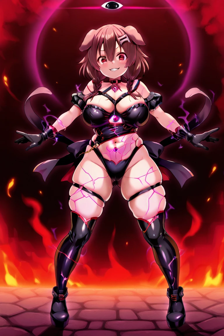 masterpiece, best quality, ultra detailed,nsfw, Vulgar,solo:1.5,Pyra, Xenoblade Chronicles 2, (((corruption, hypnosis, brainwashing, mind control))), trance, submissive, dark transformation:1.2, evil grin, glowing eyes, cleavage, skimpy outfit, thighhighs, dark magic, exposed midriff, seductive, dark energy,, twisted pleasure, Sex, red hair, large breasts, bondage, chains, BREAK:hypnotized, manipulated, , blush, man, collar