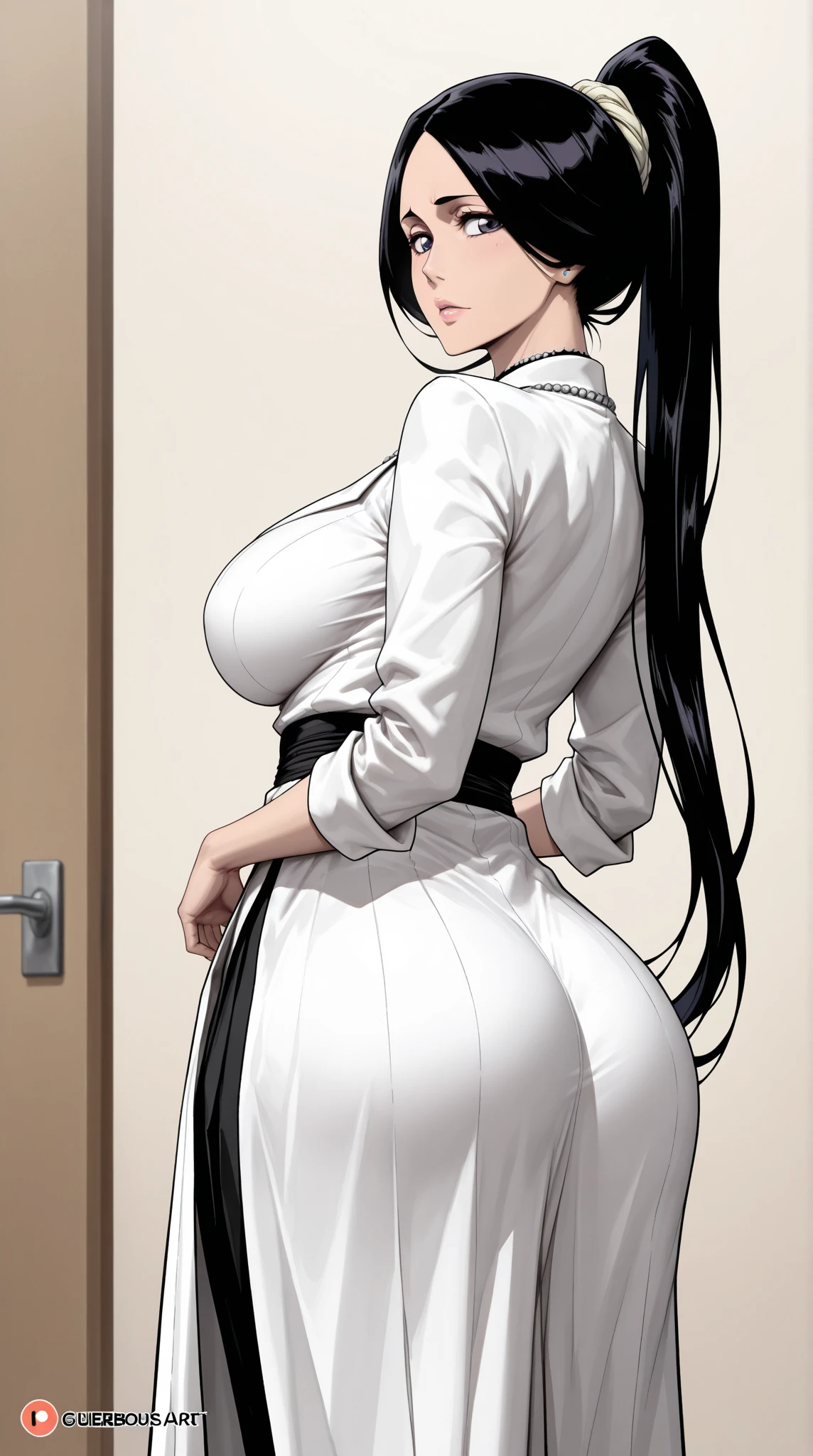 Super Fine Eyes,Masterpiece,Top Quality,Cute,((Thick Lines)),Figure,One Girl,Solo,Gaze,Full Length,Full Length Portrait,Smiling,Simple Background,White Background,Wallpaper,Standing,Head-on,Full Body,Big Breasts and Ass,Coco,Dog Ear,Different Color,,Long Hair,Low Twin Tail,Bangs,Hair Flower,Choker,Slingshot