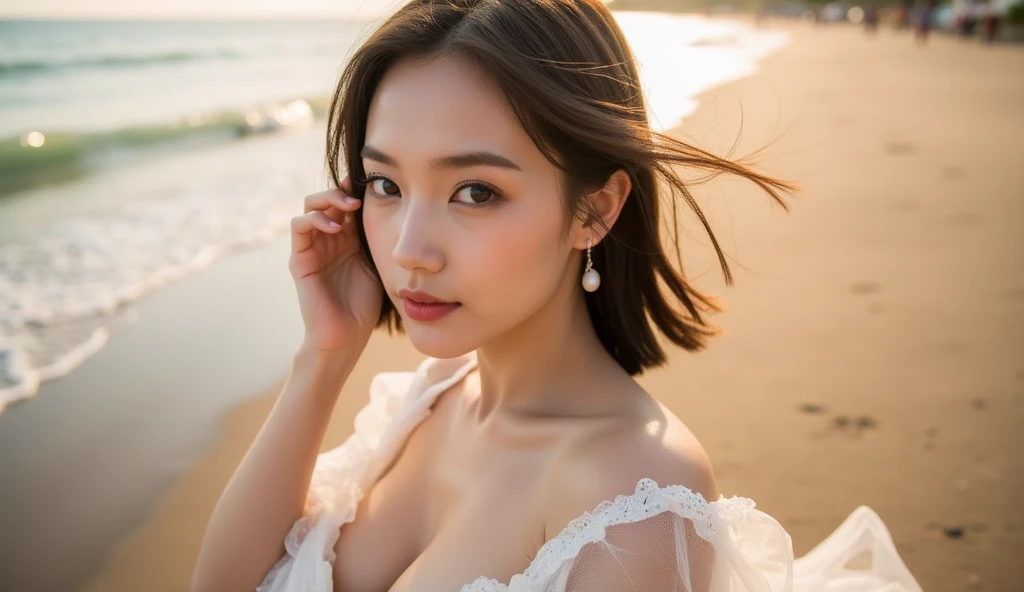 NSFW, 8k RAW photo, Best Quality, ((masutepiece)), 超A high resolution, Film grain, filmg,( 20yr old, Slender face, 1girl in, slanted eye, eyesight, long eyelashes, Eye Highlights), Looking at Viewer, Natural Skin Texture, A perfectly proportioned face, realistic eyes and face details, Full lips, lip stick, (makeup), Red eyeshadow, Perm Hair, Fluffy short hair, hair messy, Smile, closes mouth, Beautiful legs, Tall lady, skinny, slim_Legs, Solo, huge-breasted, cleavage, White small bikini style swimsuit, (Detailed background), huge-breasted, cleavage, lowfers, Blurry background, Blurry, Short sleeves, Brown hair, Bangs, a necklace, Parted lips, Lips, From Side, depth of fields,long legged,ample breasts,